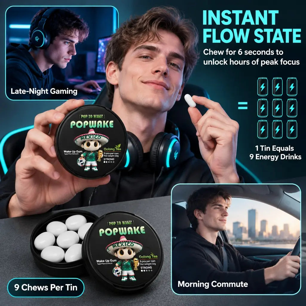 POPWAKE Energy Gum | with It, You'Ll Ditch Energy Drinks & Coffee | 6-Second Kick | 4-Hour Zone | Energy Drink Alternative | Ice-Cold & Chews 30 Min