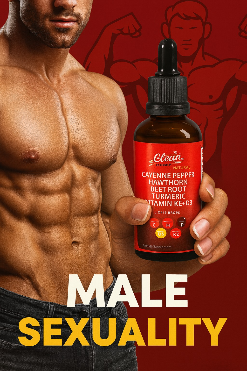 Hombre sosteniendo el frasco de Vascu Glow sobre fondo rojo